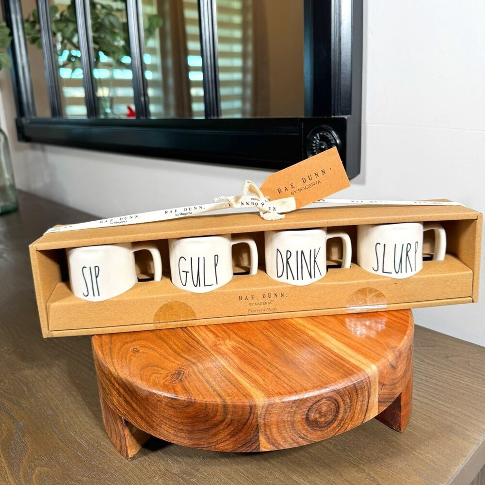 Rae Dunn Espresso Mug Set (4) — SIP • GULP • DRINK • SLURP  (NIB)